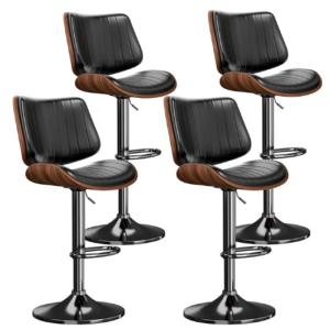 Swivel Bar Stools Set of 4, Adjustable Bentwood Barstools for Kitchen Counter, Modern PU Leather Upholstered Bar Chair with Back and Footrest, for Kitchen Island, Bar, Dining Room, Black